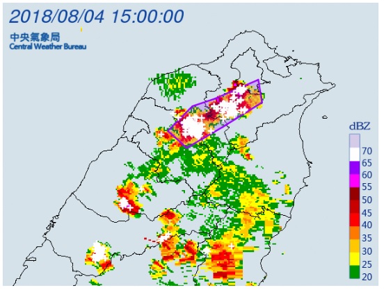 氣象局表示，在15：03針對台北市、新北市、桃園市、新竹縣發布大雷雨即時訊息，提醒嚴防劇烈降雨發生。 圖：中央氣象局/提供