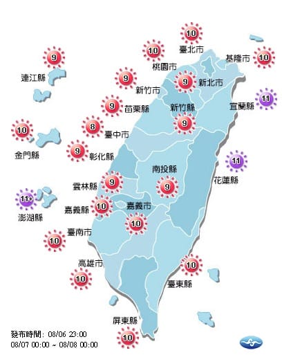 今天各地紫外線預測都達到過量級至危險級程度，提醒盡量避免外出。 圖：中央氣象局
