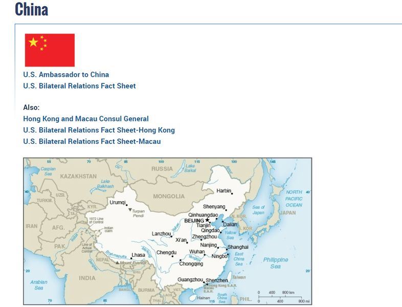 美國國務院官網在中國簡介頁面的地圖上，中國與台灣均以淺米色標記。 圖：取自美國國務院網頁