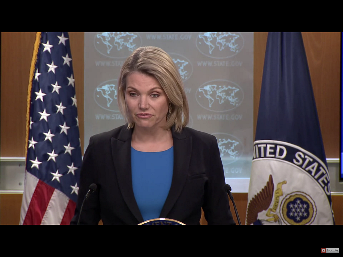 諾爾特（Heather Nauert）今天在國務院例行記者會上被問及蔡總統發表公開談話，是否意味美國政策有所調整時表示，美國對台政策並未改變，仍信守基於三公報與台灣關係法的一中政策。 圖：翻攝自Youtube