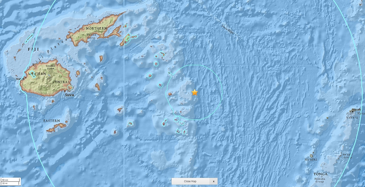 太平洋島國東加(Tonga)附近發生規模8.2強烈地震。 圖/翻攝自美國地質調查局USGS
