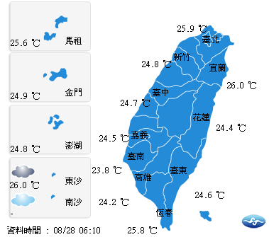 氣溫方面，北部24－32度，中部24－30度，東部24－33度，南部23－27度，外島金馬澎湖25－30度。 圖：翻攝自中央氣象局網站