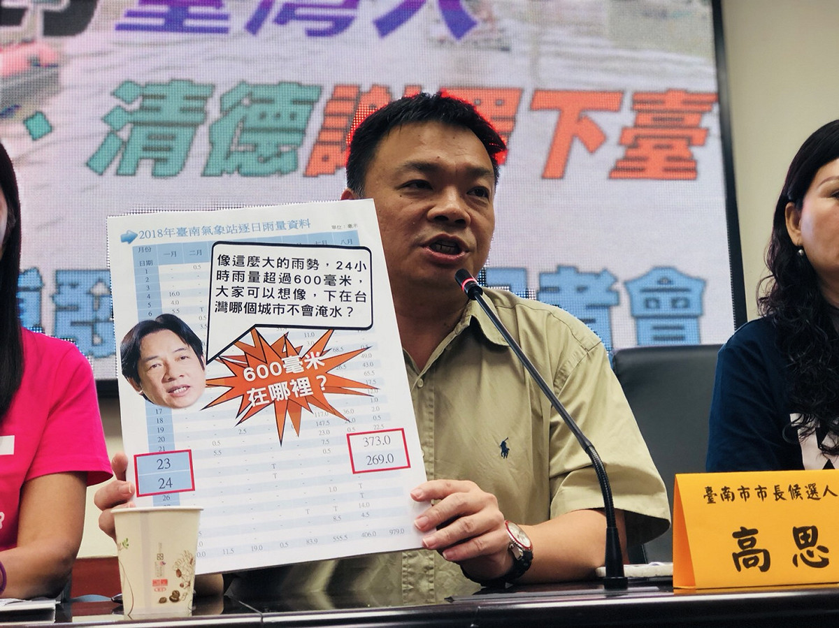 國民黨台南市長參選人高思博和國民黨市議員舉行「愧對台灣人，建仁、清德滾下台」記者會。 圖：黃博郎/攝