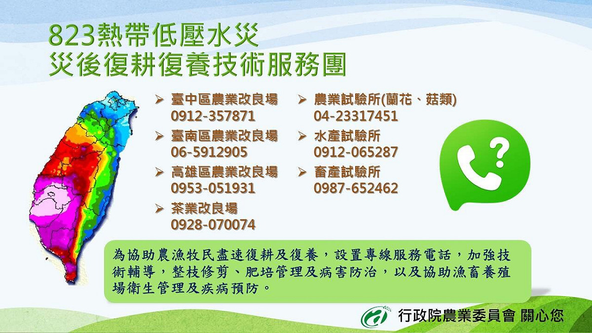 為了協助農民復耕及復養，農委會特地設置專線服務電話。 圖：農委會/提供