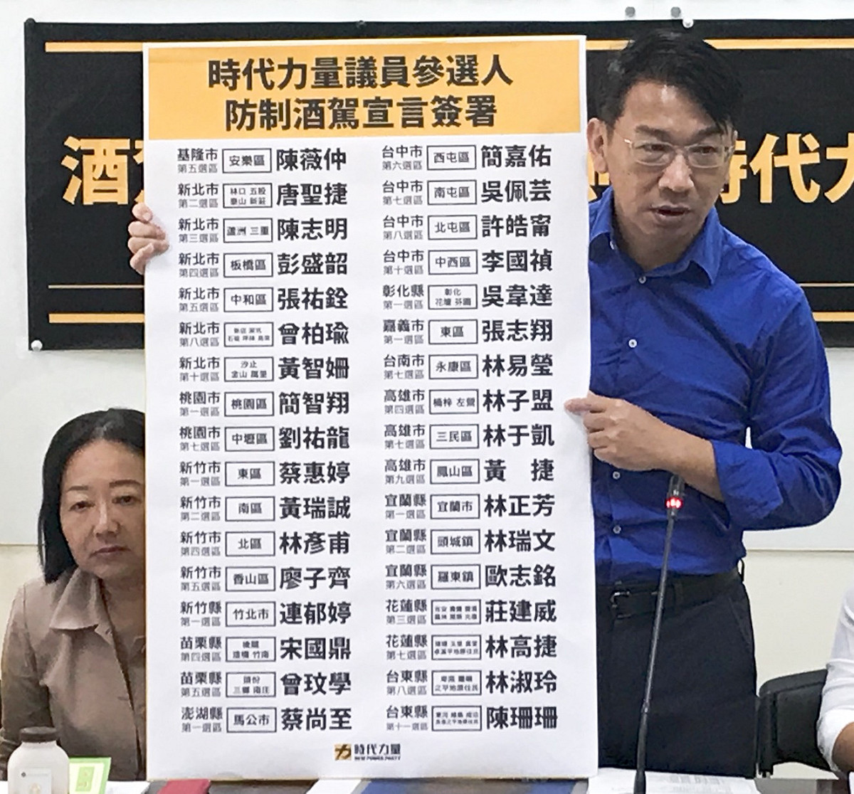徐永明亮出時代力量34位候選人的簽署名單。 圖：聶良恩／攝