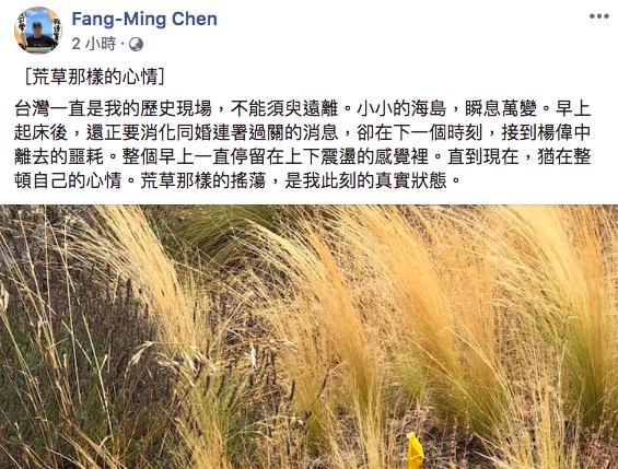 對於國民黨前發言人楊偉中去世的消息，作家陳芳明表示，心中如荒草一樣的心情。 圖：翻攝陳芳明臉書