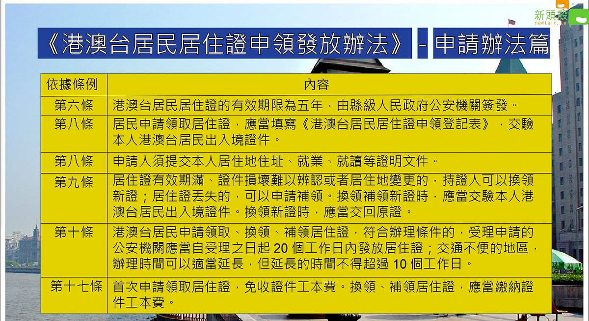 公安機關受理相關證件、證明後，將於受理日起20個工作日內發放證件。首次申請領取居住證，免收證件工本費。換領、補領居住證，應當繳納證件工本費。 圖：沈傳恩/製表