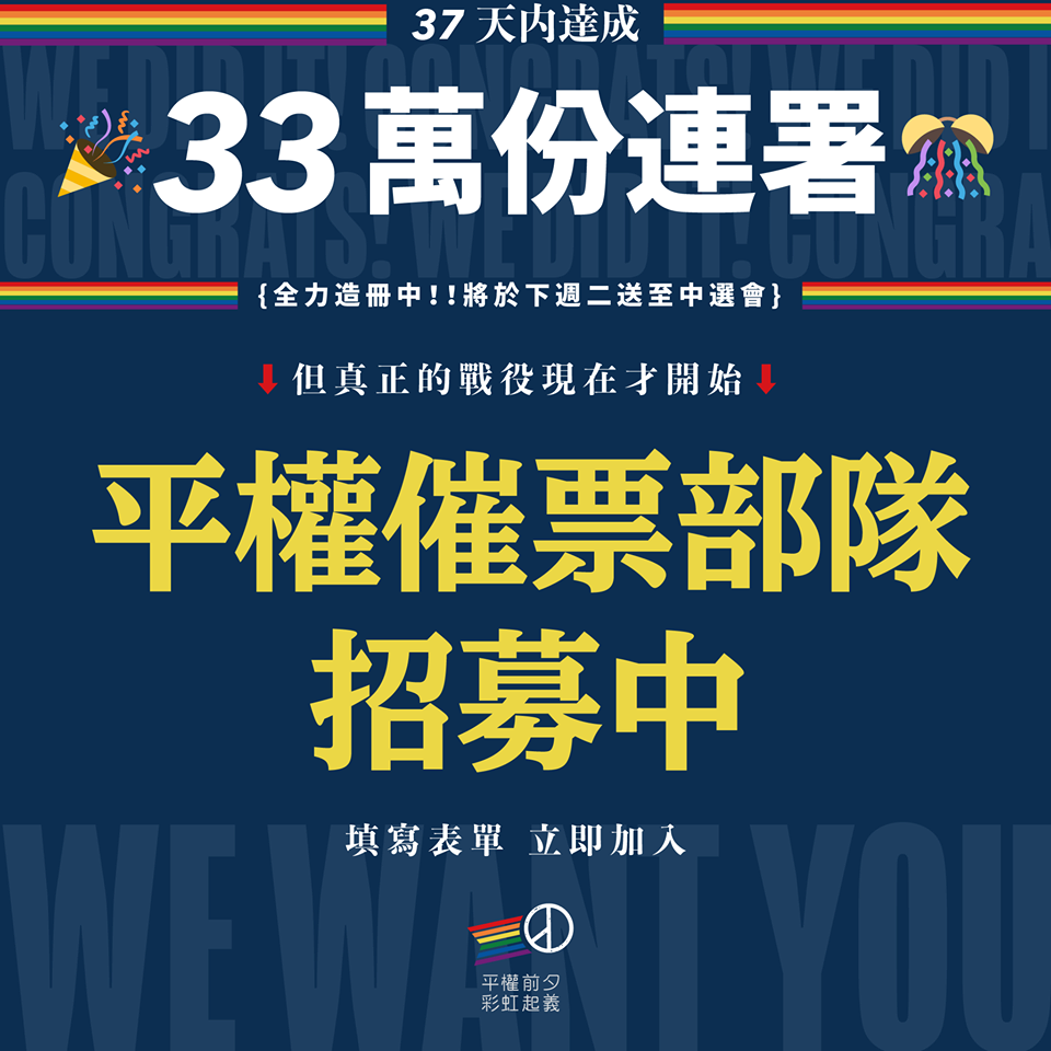 「平權前夕 ‧ 彩虹起義」臉書粉專表示，連署書已經達標，預計下周二送達中選會。 圖：翻攝「平權前夕 ‧ 彩虹起義」臉書粉專