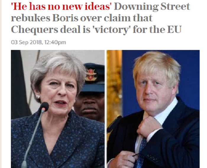 英國前外交大臣、脫歐強硬派強生今（3）日再度對梅伊政府開砲。 圖：翻攝Daily Telegraph官網