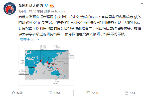 美駐華使館微博帳號轉載哈佛大學報告，以圖示警，稱「某債權國、意圖利用債務攫取債務國的戰略資產。 圖：翻攝美駐華使館微博
