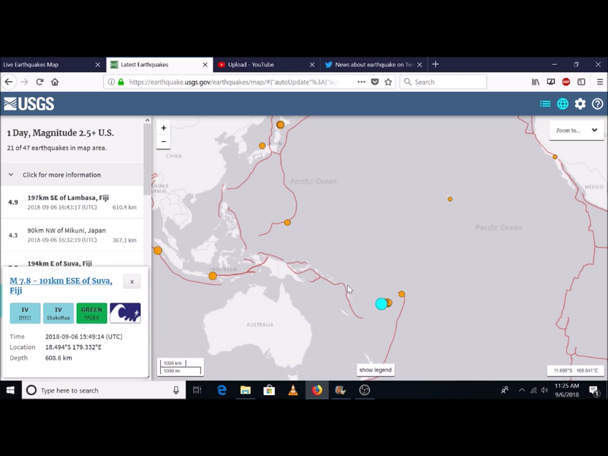 美國地質調查所（USGS）今天表示，太平洋島國斐濟首都蘇瓦（Suva）東南東方105公里處海域發生規模7.8強震，震源深度608公里，沒有出現嚴重海嘯的危險。
 圖：翻攝自Youtube