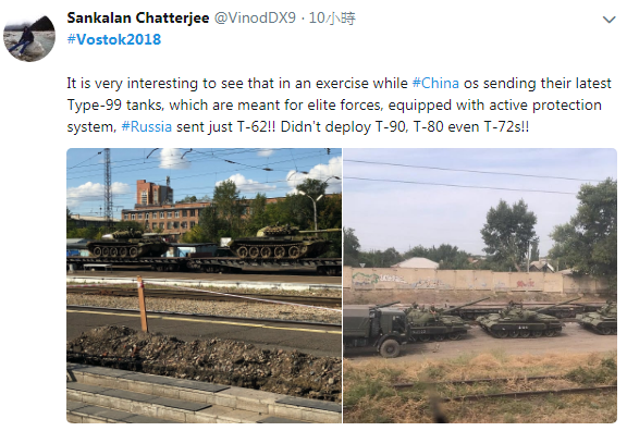 印度記者Sankalan Chatterjee拍攝到號稱中國陸戰王牌的ZTZ-99主力戰車，1輛輛開往演習區。 圖：翻攝Sankalan Chatterjee推特