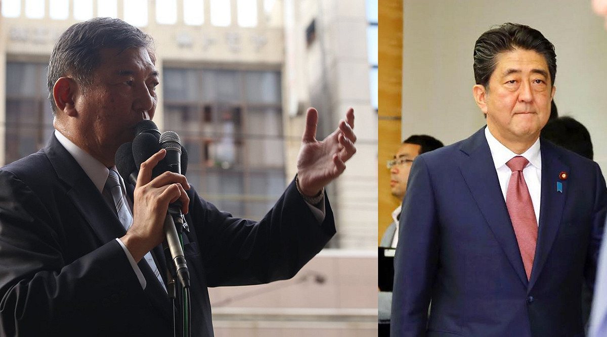 日本自民黨黨魁選舉，確定由前防衛大臣石破茂（左圖，翻攝推特）挑戰現任首相安倍晉三（右圖，翻攝首相官邸）。 圖：新頭殼合成