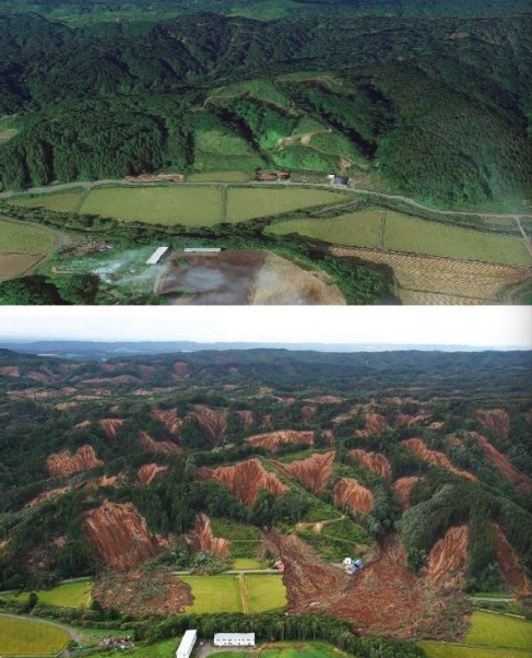 日本的山地震前地震後的差異。 圖：翻攝推特