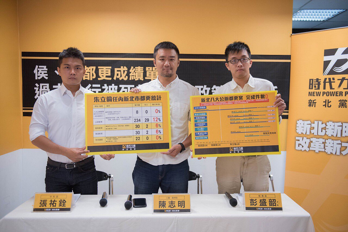 時代力量新北市議員候選人陳志明、張祐銓、彭盛韶今天召開記者會，檢視侯友宜、蘇貞昌的都更政策，成績單是「過去執行被死當，未來政策像幹話」。 圖：時力／提供