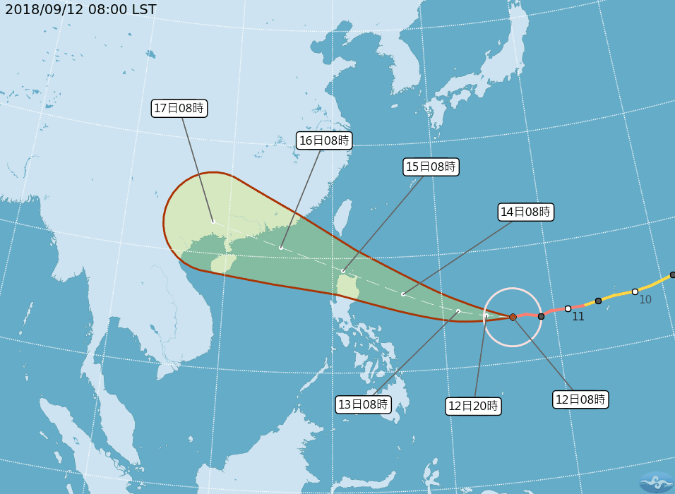 中央氣象局指出，今 (12) 天到14日大多為多雲到晴的天氣，15日山竹颱風逼近，全台都有機會下雨，也不排除發布海上颱風警報。 圖：翻攝自中央氣象局