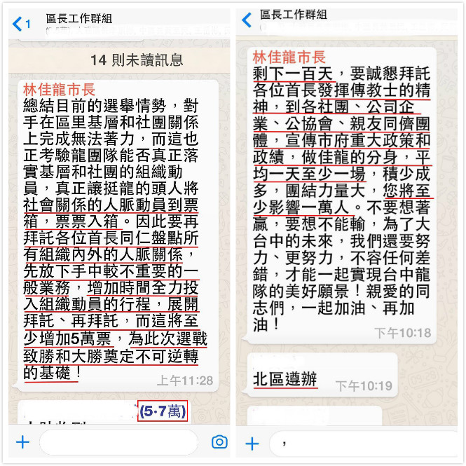 台中市區長工作群組截圖顯示，市長林佳龍要求公務人員加強宣導政績且要多拉票。 圖 : 盧秀燕競選總部/提供