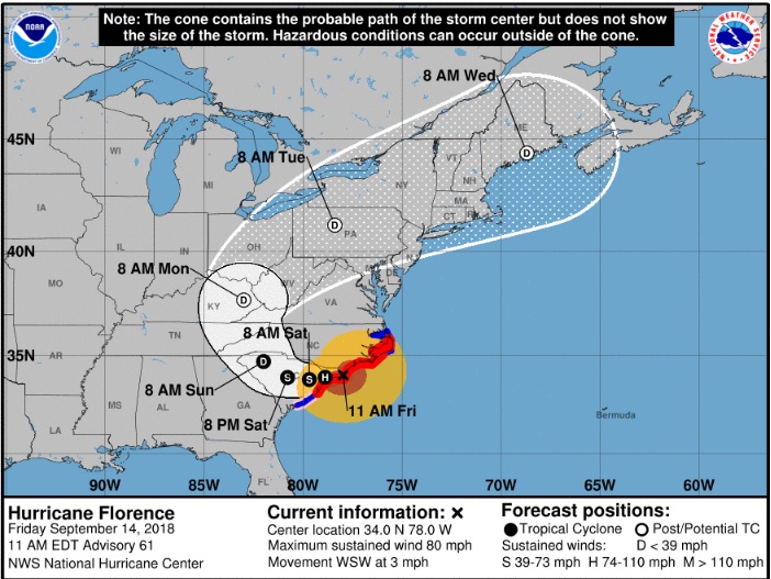 颶風佛羅倫斯（Hurricane Florence）14日在美國東部北卡羅來納州海岸登陸。 圖：翻攝氣象中心