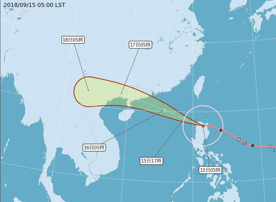 強颱山竹凌晨2時30分登陸菲律賓呂宋島，外圍環流對台灣的影響逐漸增強中。 圖/翻攝自氣象局