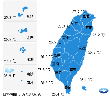 秋老虎發威，全台普遍高溫，民眾出門注意防曬和補充水分。不過有了午後短暫陣雨或雷陣雨，也可望消暑，但出門別忘了攜帶雨具。 圖：翻攝自中央氣象局網站