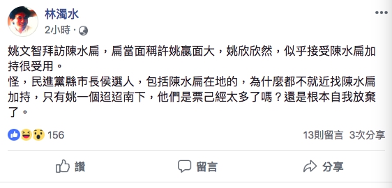 民進黨大老林濁水今（20）日在臉書發表對於姚文智找陳水扁助選一事。 圖：翻攝林濁水臉書