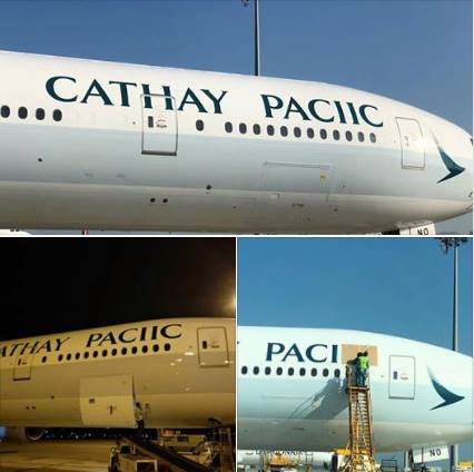 香港航空公司國泰航空（Cathay Pacific），一架波音777-367客機機身商標少了個F，昨（19）天在臉書上幽默回應，這班飛機是「期間限定」。 圖：翻攝自國泰航空臉書