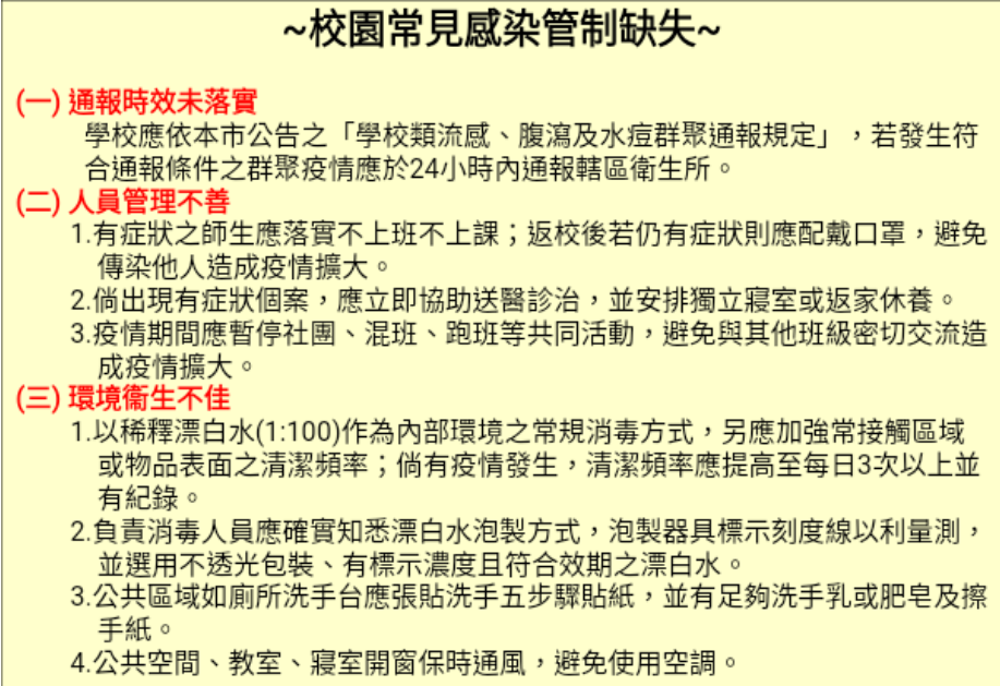 高雄市衛生局列舉校園常見的感染管制缺失。 圖：高雄市衛生局/提供