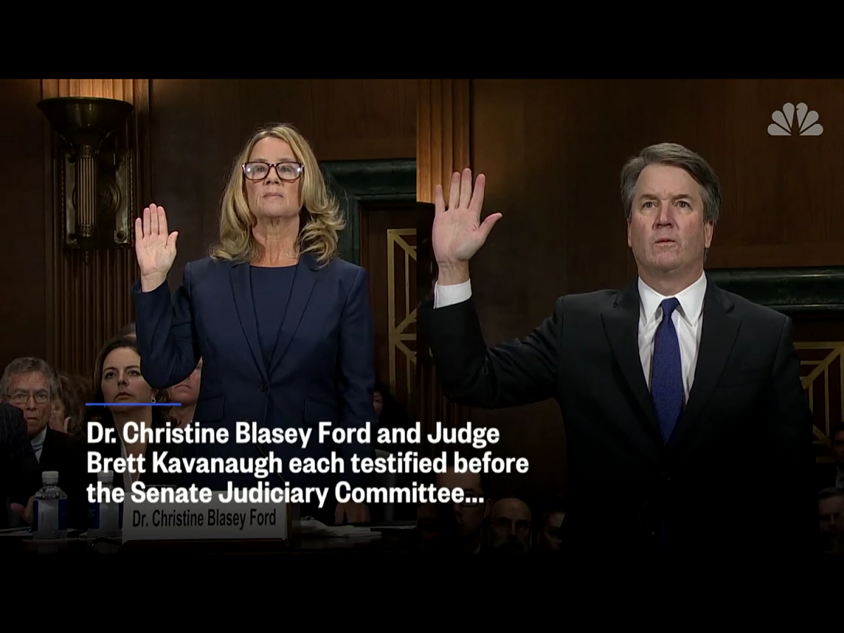 星期四卡瓦諾（Brett Kavanaugh，右）在參議院司法委員會作證時，憤怒和大聲地回應，否認福特教授（Christine Blasey Ford
，左）稍早的相關指控。卡瓦諾說，1982年他沒有參加福特在證詞中描述的派對，他一生中也從來沒有對她或任何人進行過性侵犯，他是無辜的。 圖：翻攝自Youtube