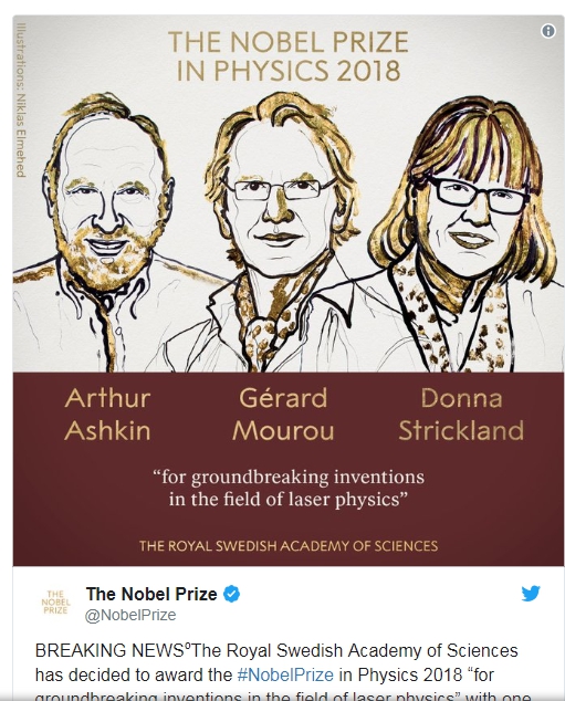 科學家亞希金、穆胡和史垂克蘭今天因對雷射物理學的重大發現，獲2018年諾貝爾物理獎。 圖 : 翻攝自Nobel 推特