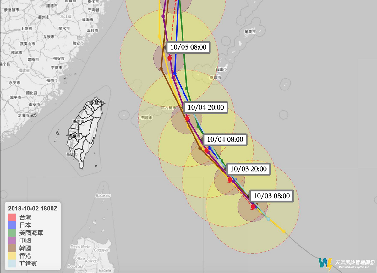 康芮颱風路徑圖。 圖：截自天氣風險 WeatherRisk網站。