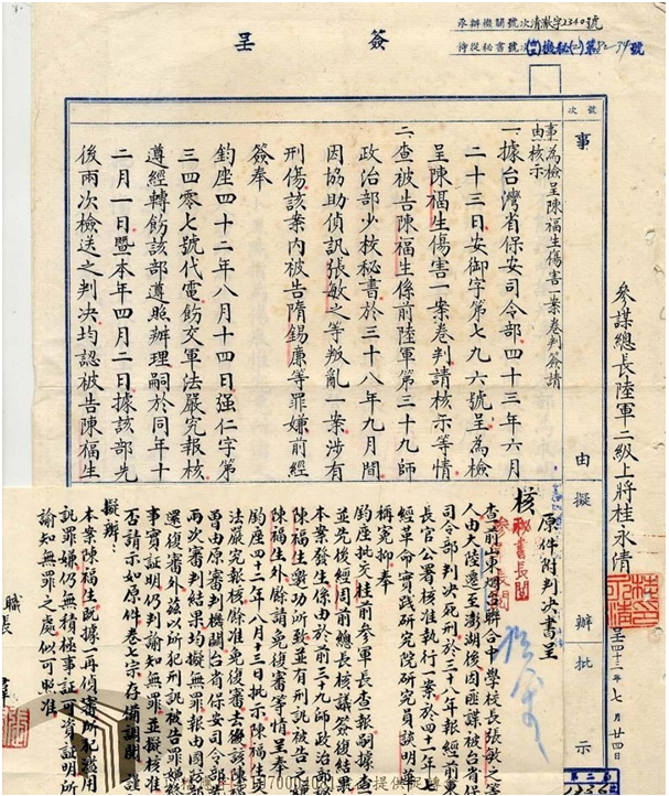 有關山東流亡師生張敏之等「叛亂」案文件之一。 圖：國防部軍法局，由檔案管理局典藏