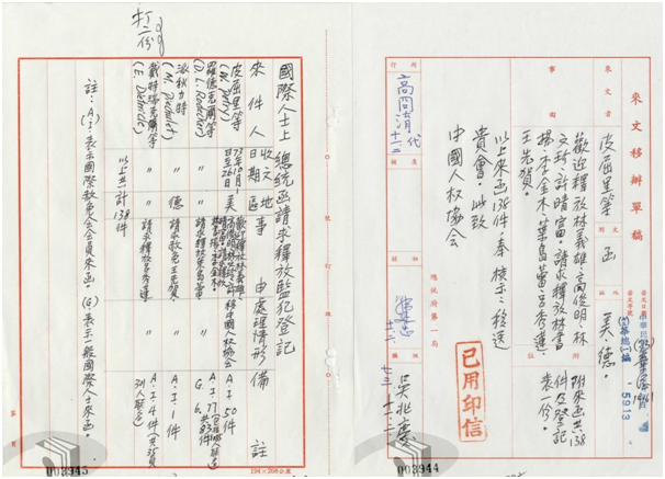 1984年國際特赦組織（AI）等函請總統釋放林書揚、李金木、林義雄等人之登記表與移辦單。 圖：總統府《外國人士函請赦免高雄暴力事件首要刑犯》，檔案管理局典藏