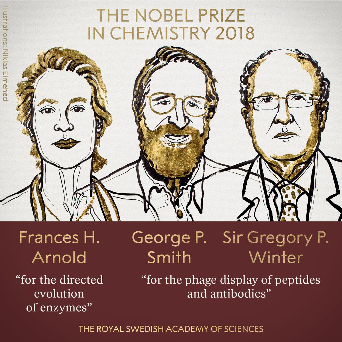 今年諾貝爾化學獎則是由美國女科學家阿諾（Frances Arnold）、美國學者史密斯（George P. Smith）以及英國學者溫特（Sir Gregory P. Winter）共獲殊榮。 圖：翻攝自諾貝爾獎twitter官方帳號
