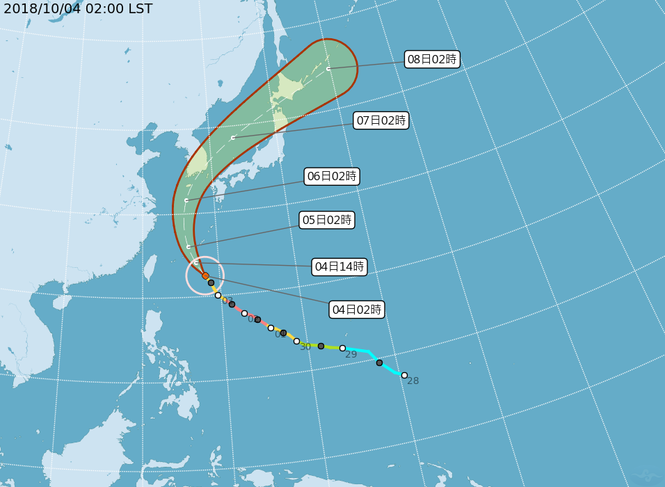 今、明（４日、５日）兩天受康芮颱風外圍環流影響，今日臺灣北部及東北部地區有陣雨，並有局部大雨或豪雨發生的機率，其他地區及澎湖、金門、馬祖為多雲到晴，山區有局部短暫陣雨；明日臺灣北部及東北部地區為短暫陣雨後多雲，東部及東南部地區有局部短暫陣雨，其他地區及澎湖、金門、馬祖為多雲到晴。 圖：翻攝自中央氣象局網站