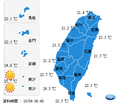 今（4）日氣溫方面，北部21至26度，中部21至30度，東部22至31度，南部22至32度，外島金馬澎湖22至30度。 圖：翻攝自中央氣象局網站