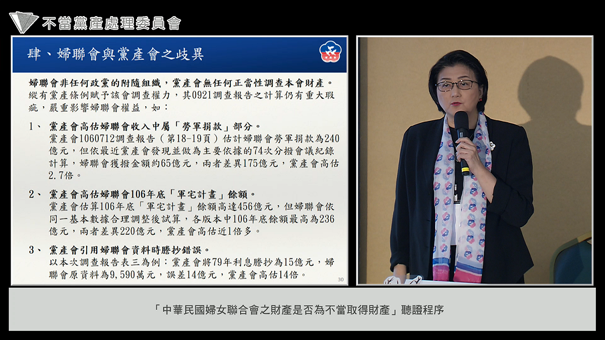 行政院黨產會今（4）日召開聽證會，針對婦聯會的財產是否為政黨及附隨組織不當取得財產，以及是否應命婦聯會財產移轉國有進行認定。 圖：翻攝直播畫面。