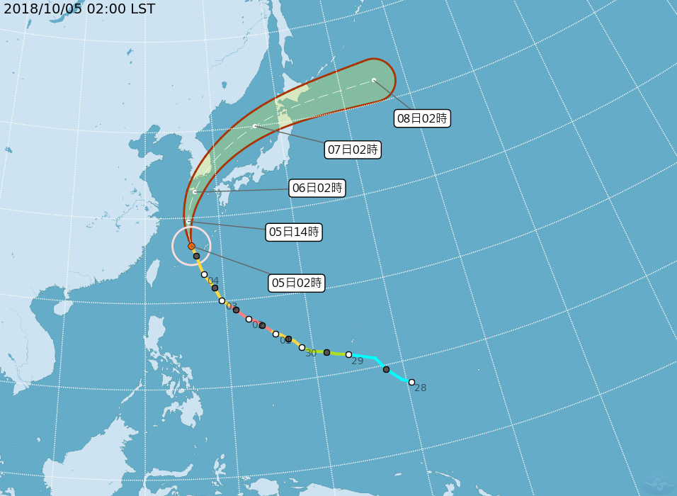 今（５）日隨著康芮颱風逐漸遠離，臺灣北部及東北部地區為短暫陣雨後多雲，東部及東南部地區有局部短暫陣雨 ，其他地區及澎湖、金門、馬祖為多雲到晴，午後山區有局部 短暫陣雨。 圖：翻攝自中央氣象局網站