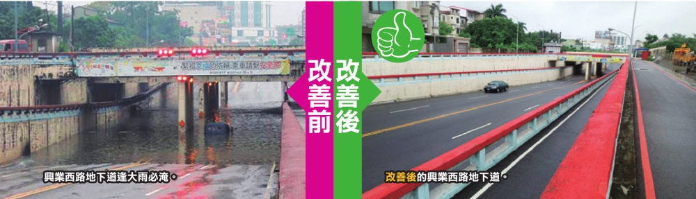 清淤工程前，興業西路地下道逢雨必淹水（左圖）；清淤工程完成後，興業西路地下道積水狀況改善許多（右圖）。 圖：涂醒哲辦公室提供