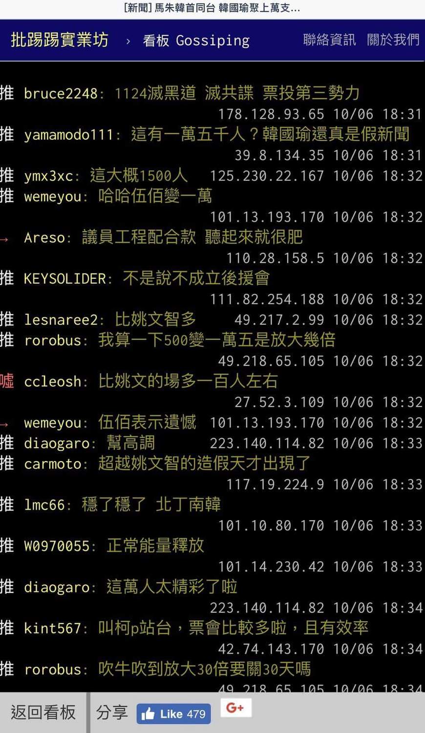 網友更不留情面地嘲諷，「想起四年前的連勝文」、「五百變成一萬五哈」、「這有一萬五千人？韓國瑜還真是假新聞」、「北姚高韓」、「感覺當初隨便一個國中小朝會人都比這多」。 圖：翻攝自PTT