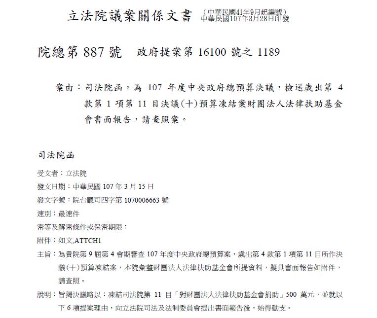 司法院編列給法扶的107年度預算被立法院部分凍結，以致司法院和法扶被迫事後忙翻天去做回應、希望能讓委員們「滿意」的公文。 圖：擷自劉宏恩臉書