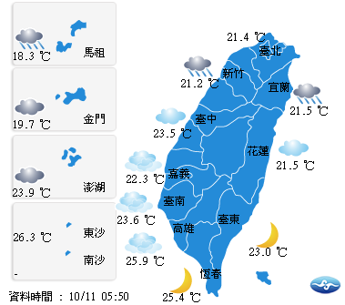 今（11）日氣溫方面，北部21至24度，中部22至30度，東部21至29度，南部23至30度，外島金馬澎湖19至26度。 圖：翻攝自中央氣象局網站
