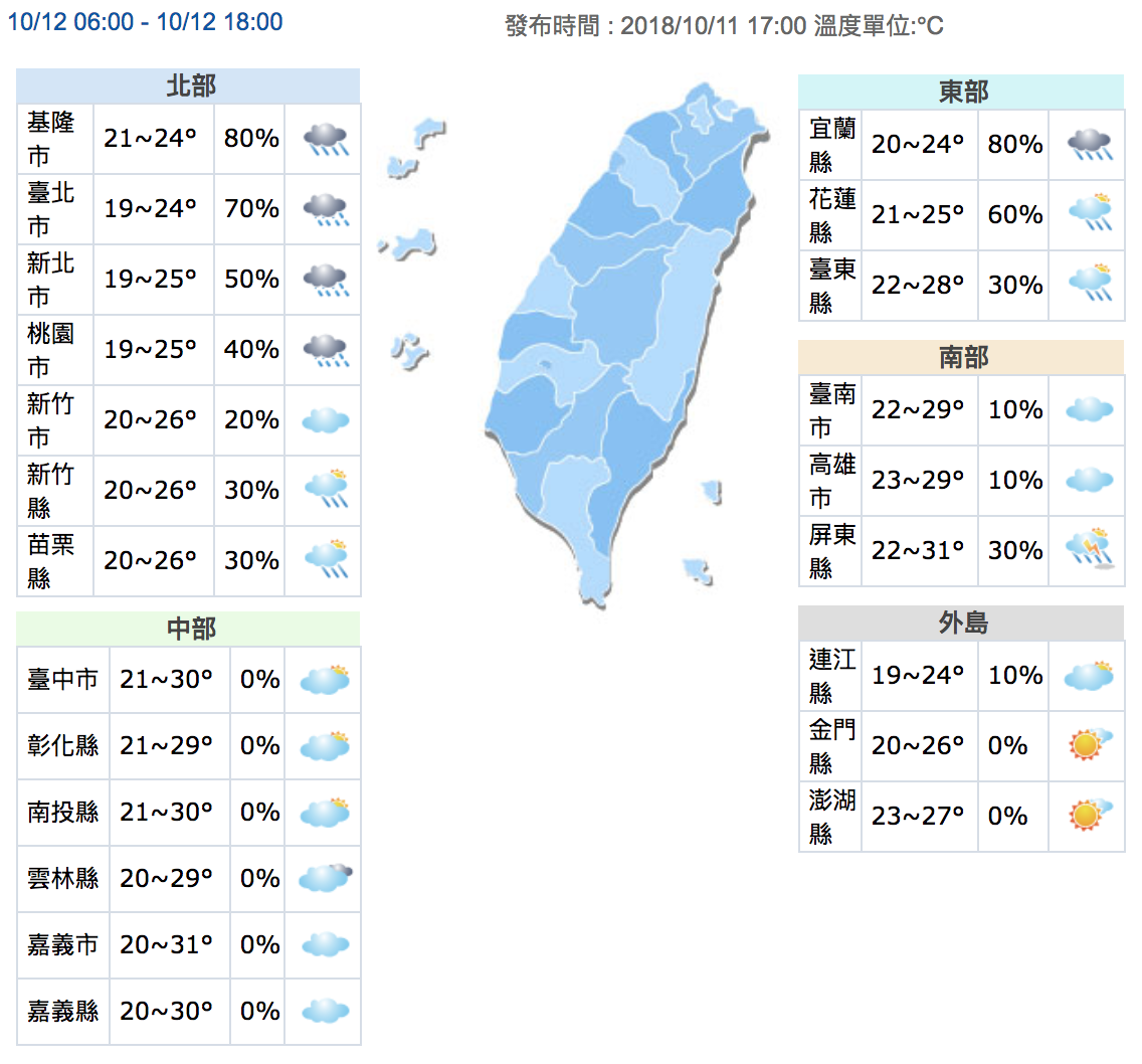 中央氣象局預測明（12）日全台氣溫圖。 圖：截自中央氣象局網站