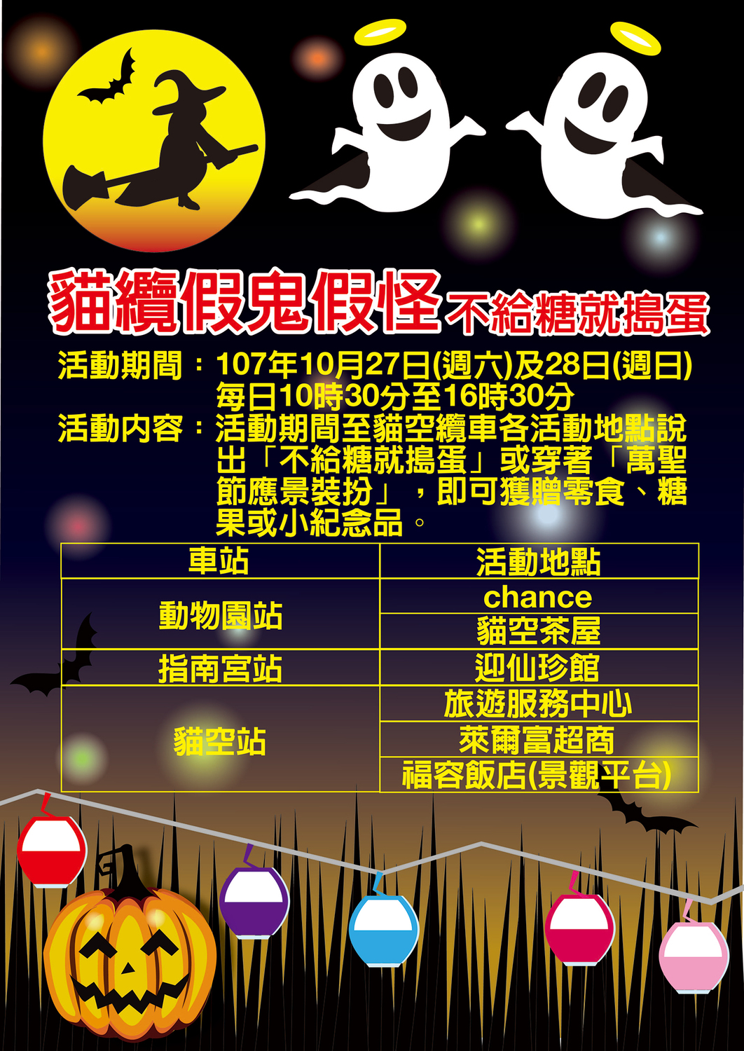 10月27日至10月28日期間，民眾也可以到海報上的纜車販賣店，說出通關密語「不給糖就搗蛋」，就有機會拿到紀念品或是糖果餅乾等萬聖節禮物哦！ 圖：臺北大眾捷運／提供