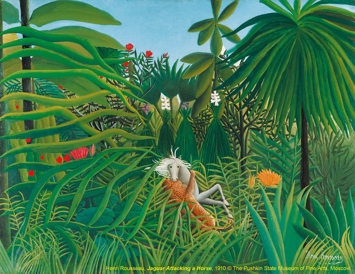 美洲豹正在襲擊一匹馬Jaguar Attacking a Horse / 亨利･盧梭Henri Rousseau / 1910 圖：截自俄羅斯普希金博物館特展網頁