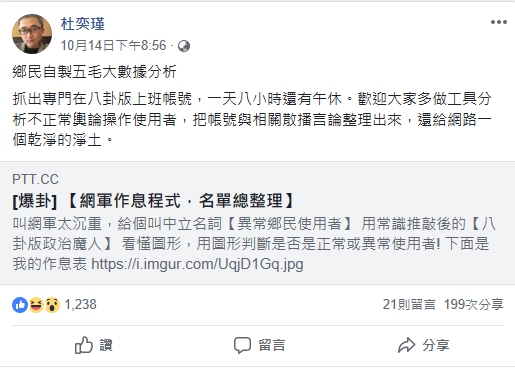 有批踢踢創世神之稱的杜奕瑾，分享了五毛（意指中國網軍）的大數據分析。 圖/翻攝杜奕瑾臉書