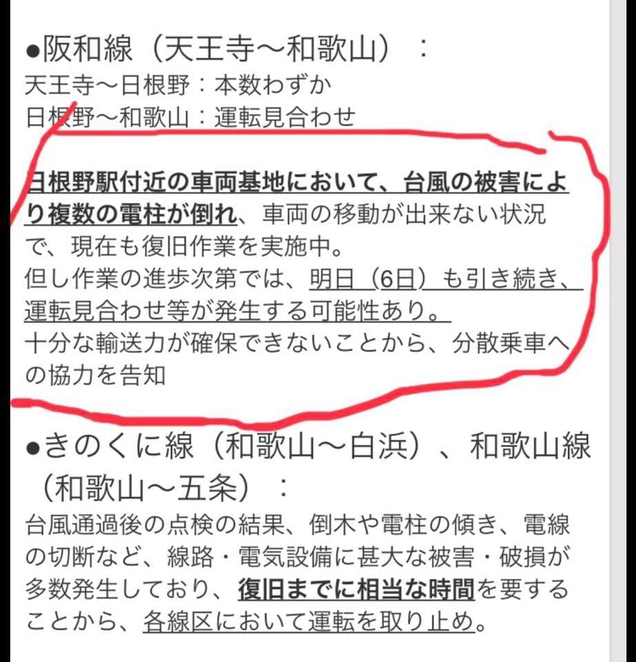 謝長廷指出，相片中地點為距離泉佐野有五分車程的日根野購物中心，而當日泉佐野站的電車有通車，日根野站則因事故電車停駛。 圖：翻攝自謝長廷臉書粉絲頁