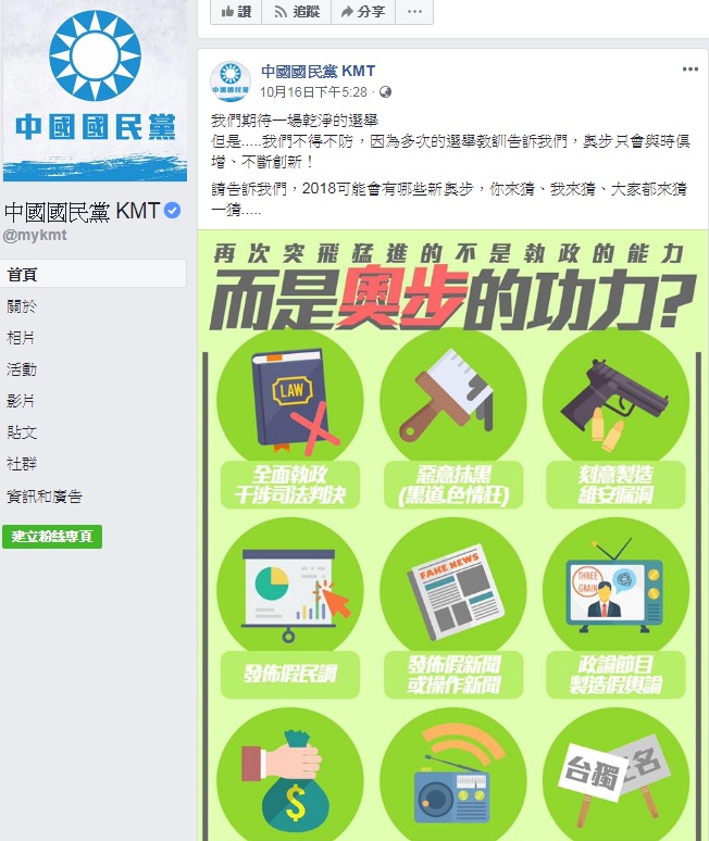 國民黨文傳會16日在官方臉書上貼出一張「期待一場乾淨的選舉」的網路圖片。 圖：翻攝國民黨官方臉書