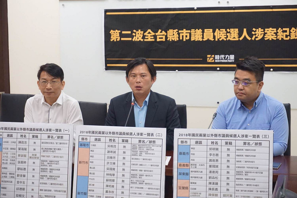 時代力量今（18）日舉行「全台縣市議員候選人涉案紀錄大公開」記者會，總計有66位有涉案紀錄。 時代力量黨團提供