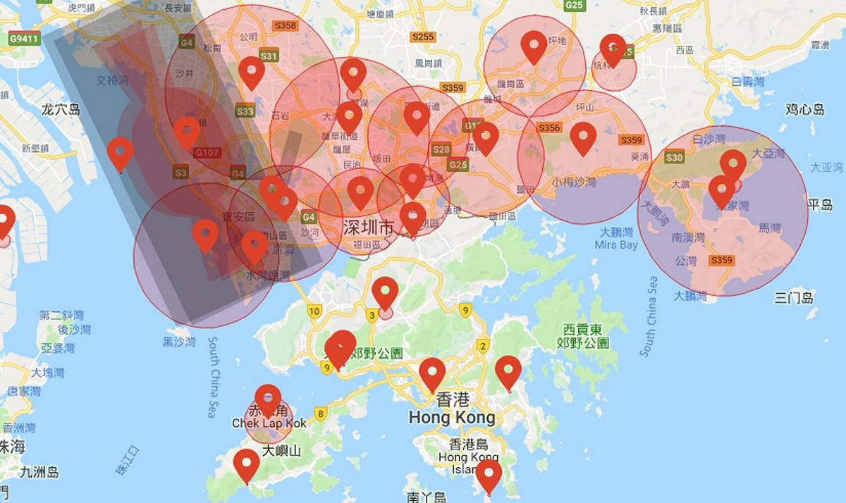 「大疆創新」官網的「飛行區域限制」頁面可見，整個深圳都布滿禁飛區的紅圈圖示，理由為「特殊安全原因臨時禁飛」，禁令自10月20日下午4時開始生效，至10月25日下午4時取消。 圖：翻攝自大疆創新官網（https://www.dji.com）
