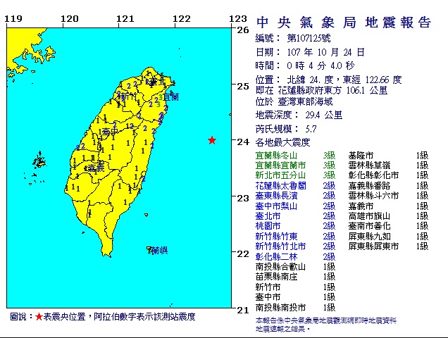 今（24）日凌晨0點04分發生有感地震，規模5.7。 圖：翻攝中央氣象局